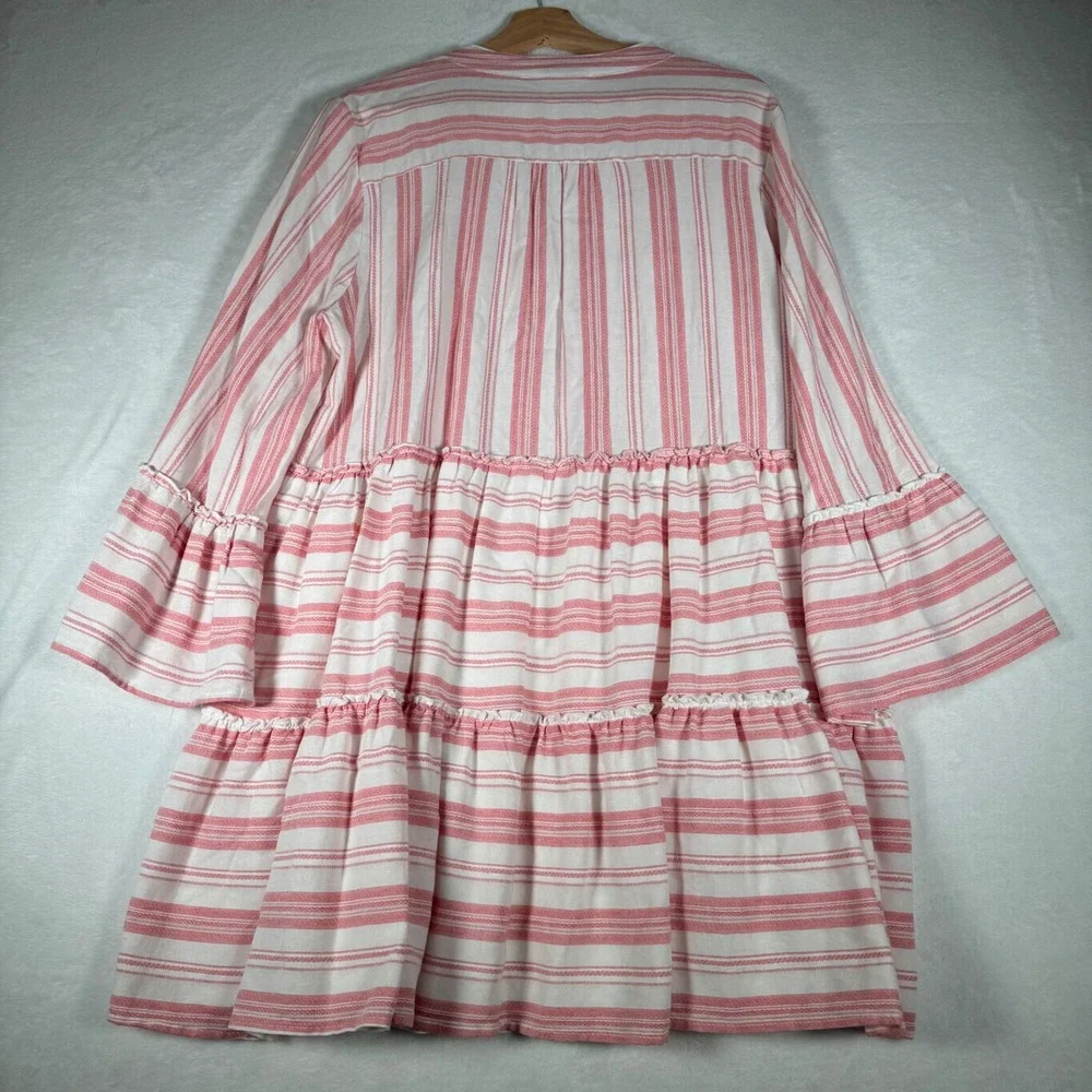 Entro Pink White Striped Tiered Babydoll Mini Dress Bell Sleeve D17573 Womens L